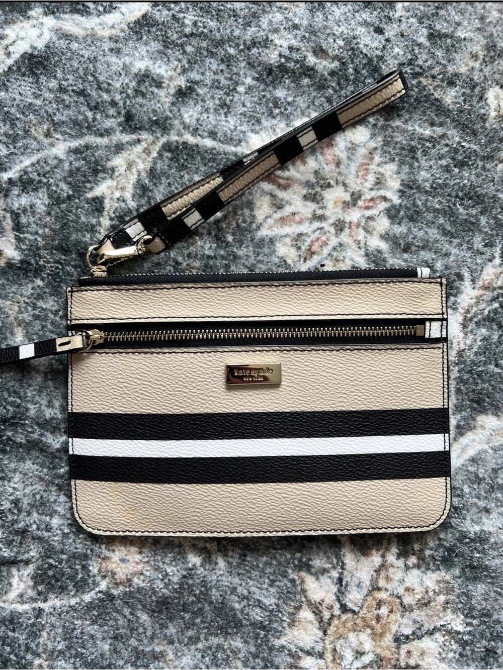 kate spade Beige, Black & White Striped Wristlet